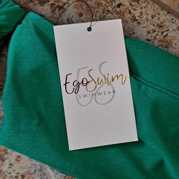 EcoSwim Size Large 2 Piece Green Bikini Set Hi Rise Bottom Sleeved Top w/Silver - Picture 12 of 15